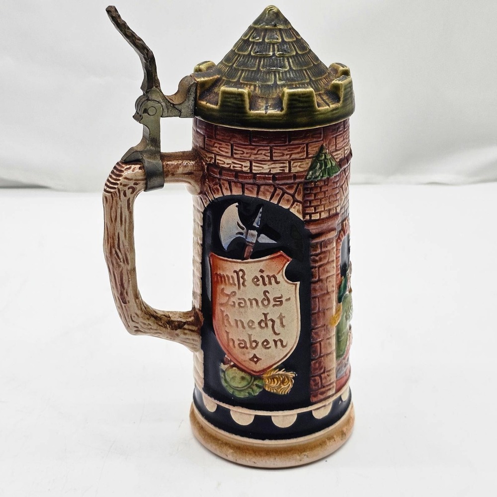 J.W. Remy Beer Stein OS Brown German Castle Relief Lidded Mug Octoberfest